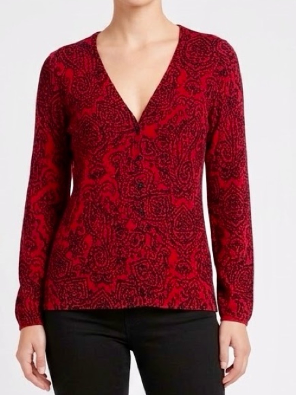 RAFAELLA Red & Black Paisley V-Neck Cardigan Sweater — #LHP